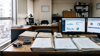 Un escritorio con expedientes de papel, un sello de goma, una calculadora y dos monitores que muestran gráficos sobre medicina prepaga.