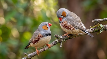 Dos pájaros grises con picos rojos, plumas anaranjadas en las mejillas y puntos blancos en los costados están sobre una rama seca.