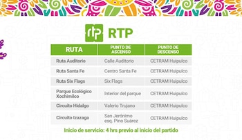 Una tabla informativa de RTP muestra rutas de transporte público, puntos de ascenso y descenso. Incluye el logo de RTP y la mención del inicio de servicio