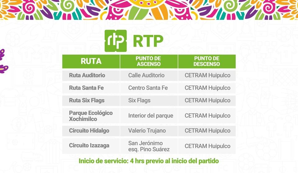 La Red de Transporte de Pasajeros (RTP) detalla las rutas de ascenso y descenso hacia el CETRAM Huipulco, punto clave para llegar al Estadio Azteca para el encuentro de México contra Portugal, con servicio iniciando cuatro horas antes del partido. (X/ @GobCDMX)