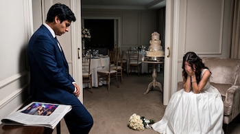 Un hombre en traje de novio mira un periódico junto a una mujer en vestido de novia que se cubre el rostro; un ramo de rosas blancas y un pastel de boda están cerca.