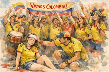 Ilustración acuarela de hinchas colombianos con camisetas amarillas. Una mujer sentada, asistida por un hombre, mientras otros animan con banderas y pancarta.