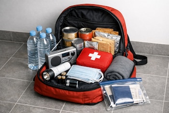Mochila roja abierta con botellas de agua, radio, linterna, pilas, alimentos enlatados, galletas, botiquín, mascarillas, manta y documentos en bolsa.