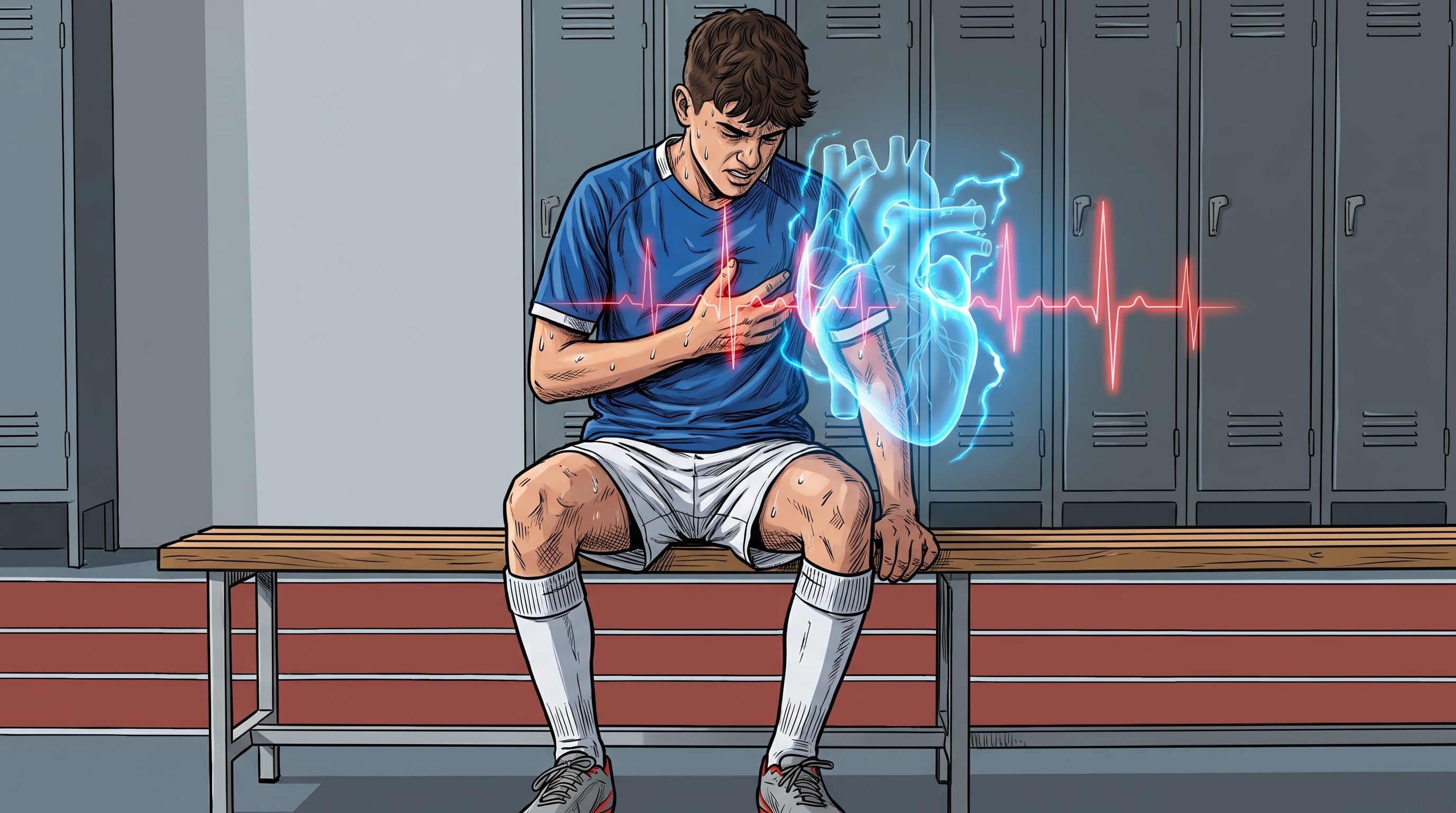 Un joven atleta en un vestuario se agarra el pecho por malestar, con una representación de su corazón y un trazado de electrocardiograma que indica un problema cardíaco. (Imagen Ilustrativa Infobae)