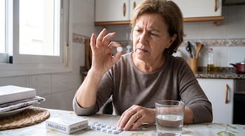 Una mujer adulta sostiene una píldora blanca. Sobre la mesa hay un blíster de pastillas, una caja de analgésico, un vaso con agua y papeles.