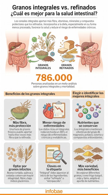 Infografía de granos integrales y refinados: dos sistemas digestivos, cereales, pan, pasta, lupa y moléculas, con seis paneles de información detallada.