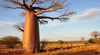 Árbol Adansonia rubrostipa de tronco grueso y ramas desnudas en primer plano. Paisaje árido con arbustos y otros baobabs bajo un cielo azul claro.
