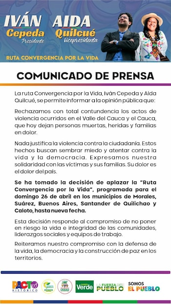 En un comunicado, se indicó que Iván Cepeda y Aída Quilcué aplazarían su agenda en Cauca, pero el aspirante aseguró posteriormente que mantendrá la agenda - crédito @CaracolRadio/X