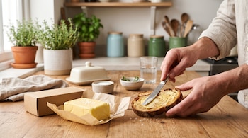 Unas manos untan mantequilla en pan tostado junto a una barra de mantequilla en papel encerado y una caja de cartón sobre una mesa.