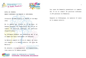 Captura de la nota de prensa emitida por el Ministerio de Salud (MINSA) correspondientes al informe epidemiológico del 23 de mayo de 2026. (Cortesía La Prensa Nicaragua).