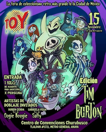 Cartel ilustrado del evento Toy Fest con personajes del cineasta Tim Burton, fechas, horario, lugar de realización y requisitos de entrada