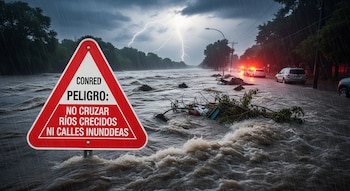 Señal de CONRED advierte "PELIGRO: NO CRUZAR RÍOS CRECIDOS NI CALLES INUNDADAS" en una calle inundada con lluvia, relámpagos y vehículos de emergencia.