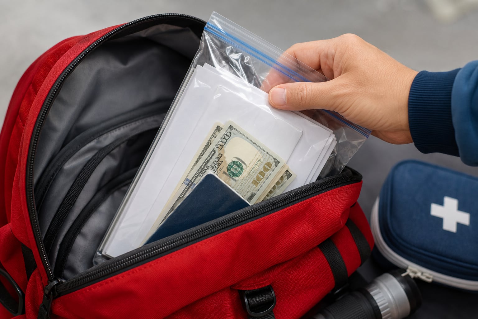 Una persona guarda documentos personales, un pasaporte y dinero en efectivo dentro de una bolsa hermética en una mochila de emergencia. (Imagen Ilustrativa Infobae)