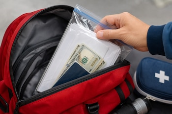 Mano guardando una bolsa transparente con dinero, un pasaporte y papeles en una mochila roja junto a un botiquín de primeros auxilios.