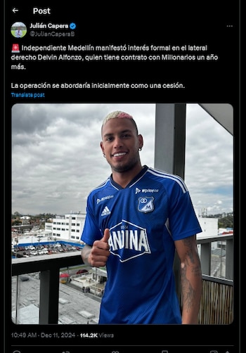 El periodista de ESPN, informó sobre el interés del cuadro antioqueño para contar con los servicios del defensor venezolano - crédito @JulianCaperaB / X