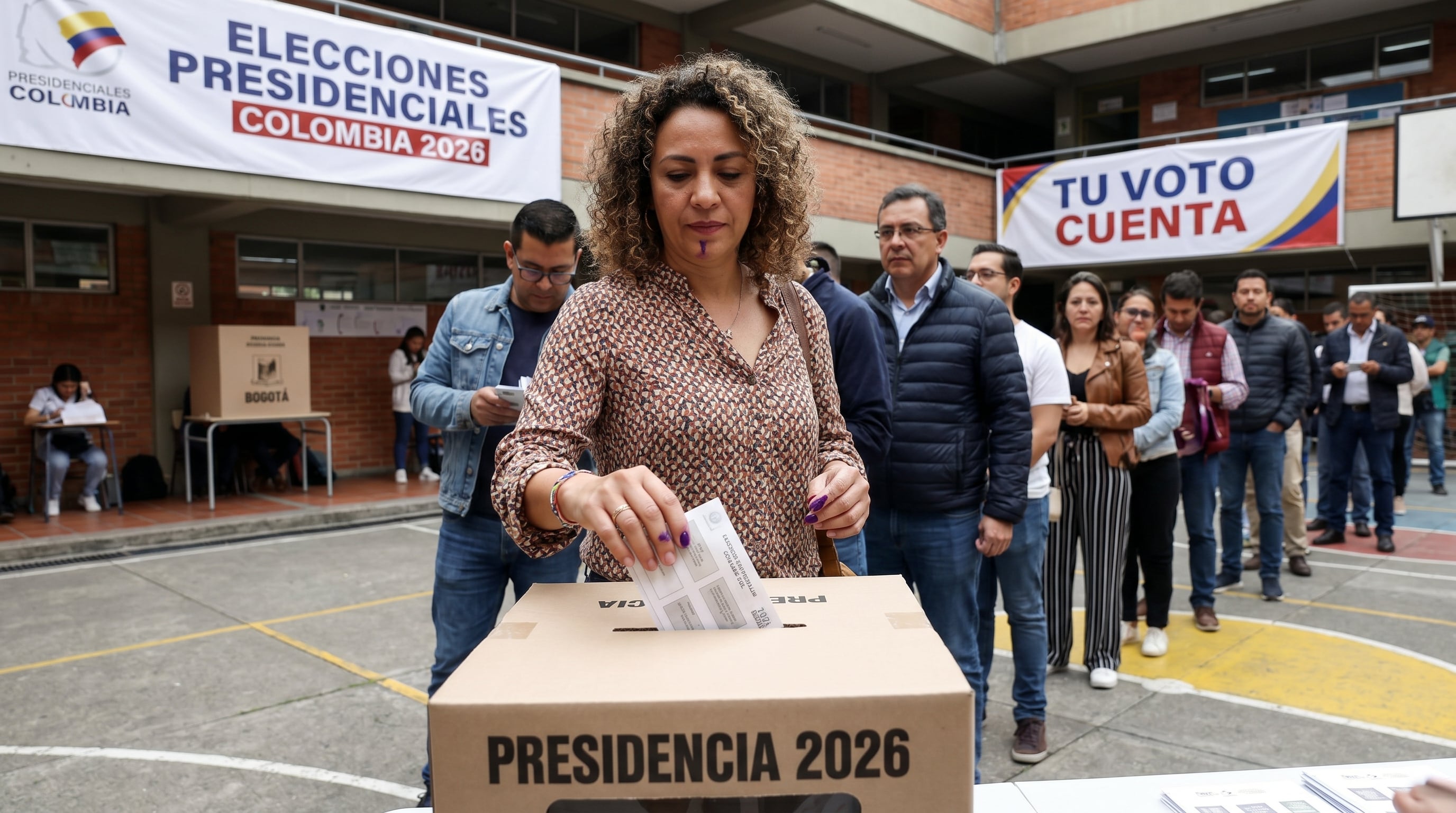 Una ciudadana colombiana deposita su voto en una urna durante las elecciones presidenciales de 2026, con otras personas esperando en fila para participar en este crucial proceso democrático. (Imagen Ilustrativa Infobae)