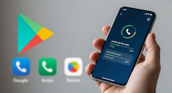 Una mano sostiene un smartphone con una aplicación que simula el análisis de llamadas y barras de progreso. En segundo plano, el logo de Google Play desenfocado.