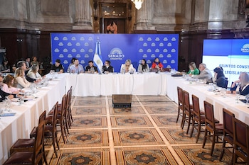Vista de una mesa larga con muchas personas sentadas en una sala formal. Hay un panel azul con el logo del Senado Argentino al fondo, y columnas de mármol