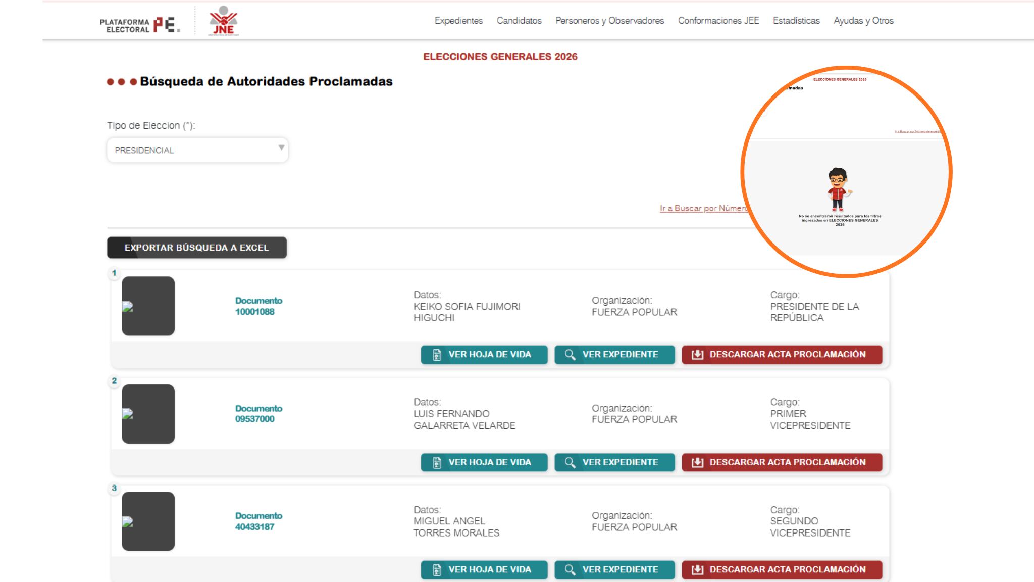 JNE publicó a Keiko Fujimori como presidenta electa en su web y retiró la información minutos después