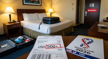 Habitación de hotel con cama doble, dos maletas (una abierta, otra cerrada), una factura con 'USD 500+' resaltado, un folleto del Mundial 2026 y un cartel de 'No Vacancy' en la puerta.