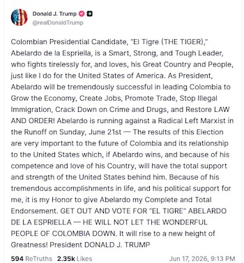 Captura de pantalla de una publicación de Truth Social de Donald J. Trump, donde respalda al candidato presidencial colombiano Abelardo de la Espriella