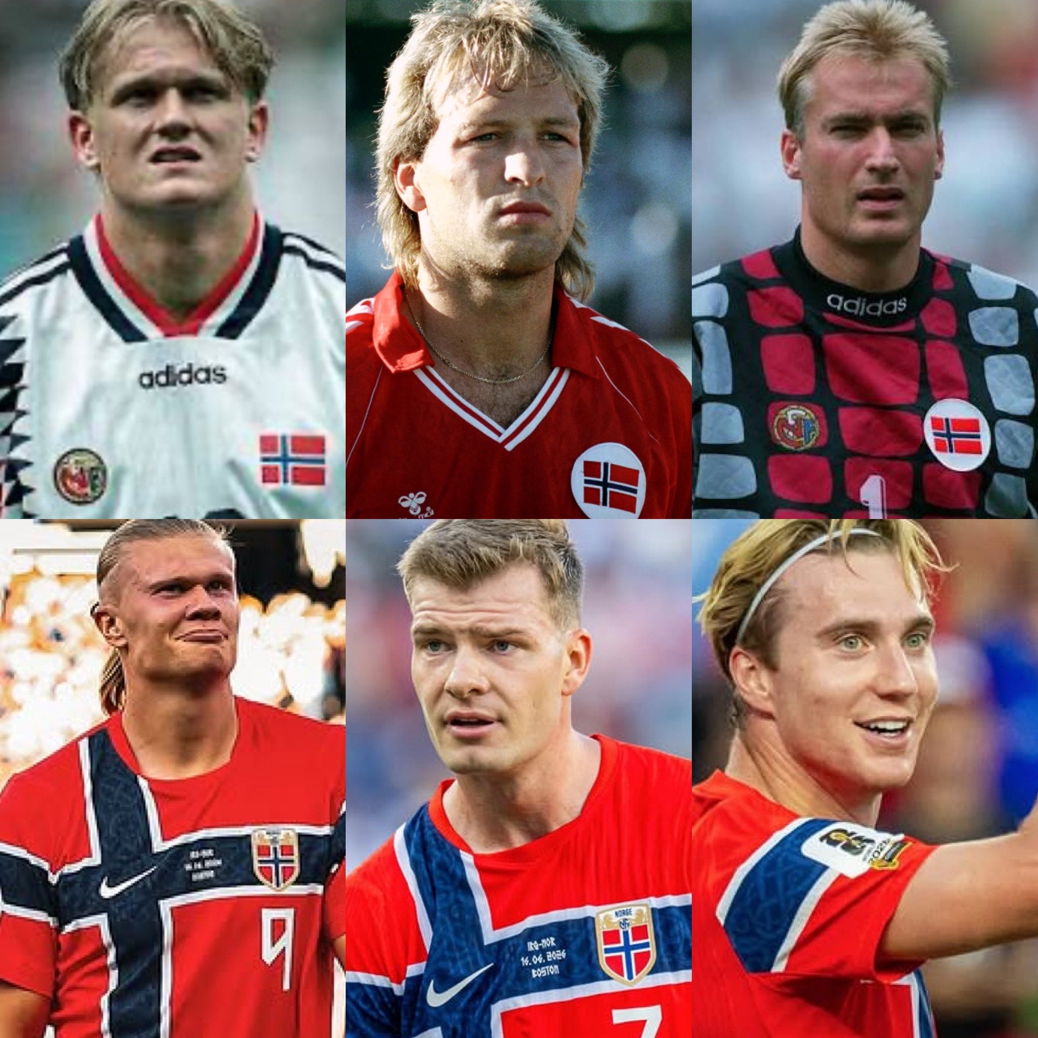 Arriba, los padres en el Mundial 1994: Alf-Inge Haaland, Gøran Sørloth y Erik Thorstvedt. Abajo, los hijos en el Mundial 2026: Erling Haaland, Alexander Sørloth y Kristian Thorstvedt. (X / @futbolnamass)