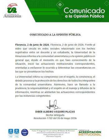 La Universidad de la Amazonía informó sobre investigaciones que se adelantan sobre el altercado entre el estudiante y el docente - crédito Universidad de la Amazonía/sitio web