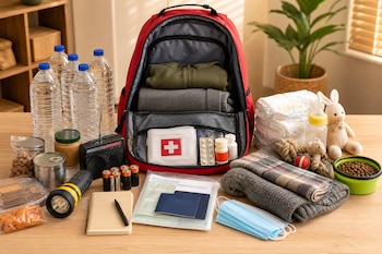 Mochila roja abierta sobre una mesa rodeada de botellas de agua, alimentos en conserva, linterna, radio, botiquín, mantas y mascarillas.