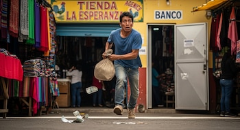 Un hombre con camiseta azul y jeans corre con una bolsa de tela y dinero en el suelo frente a una tienda con letrero "Tienda La Esperanza" y una puerta con letrero "Banco".