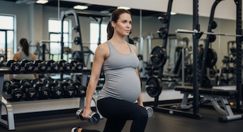 Mujer embarazada de perfil haciendo zancadas con mancuernas en un gimnasio, con filas de pesas y espejos al fondo.