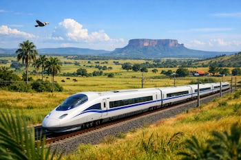 Un tren bala blanco y azul transita por una vía en una vasta planicie verde con palmeras, ganado, un ave en vuelo y una montaña al fondo.