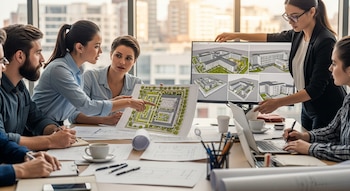 Varias personas en una mesa discuten planos arquitectónicos impresos y diseños 3D en pantalla, rodeadas de laptops y útiles de oficina.