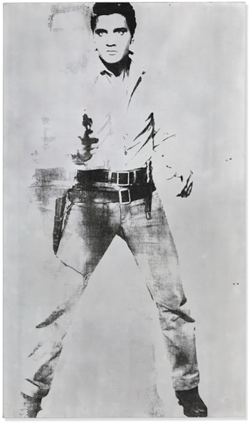 Serigrafía en blanco y negro de Elvis Presley de cuerpo entero, vestido de vaquero, apuntando un arma. Lleva camisa, jeans, cinturón ancho y botas