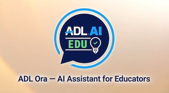 Logo de burbuja de diálogo azul con texto ADL.AI en blanco y EDU en verde. Incluye bombilla y checkmark. Abajo, el texto 'ADL Ora – AI Assistant for Educators'