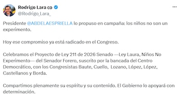 El ministro del Interior, Rodrigo Lara, confirmó el respaldo del Gobierno al proyecto ‘Ley Laura: Niños No Experimento’. - crédito @Rodrigo_Lara_/X