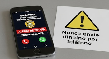 Foto de um celular mostrando uma ligação da Polícia Agrícola com um alerta falso, ao lado de uma nota amarela dizendo