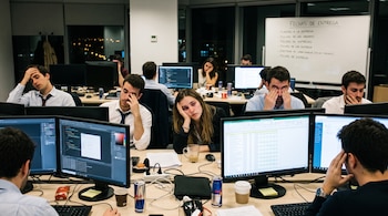 Varios jóvenes en una oficina nocturna se apoyan la cabeza y se frotan los ojos frente a las pantallas de sus computadoras.