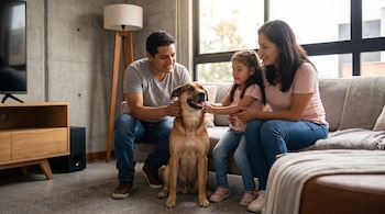 Padre, madre, niña y perro mestizo sentados en un sofá de una sala moderna con televisor, mueble de madera, alfombra y ventana.