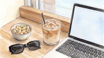 Un portátil abierto con pantalla en blanco, un vaso con café helado y pajita, un cuenco con pistachos y gafas de sol sobre una mesa de madera.