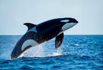 Una orca de color negro y blanco salta sobre la superficie del mar azul entre salpicaduras de agua
