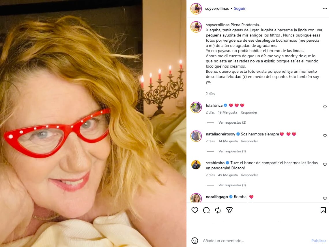 La actriz Verónica Llinás comparte una fotografía inédita tomada durante la pandemia junto con una reflexión personal en su cuenta de Instagram.