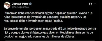 Gustavo Petro cuestionó el uso del fracking y los negocios asociados a Ecopetrol, al advertir que estas decisiones han impactado la capacidad de inversión de la empresa estatal - crédito Gustavo Petro/X