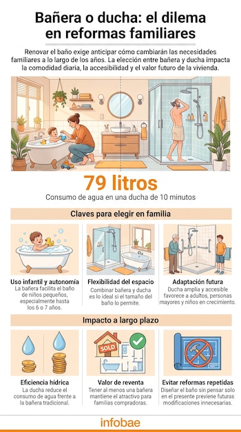 Infografía. Baño con bañera y niño, ducha con adulto. Gráficos de consumo de agua, valor de vivienda y planificación de reforma.