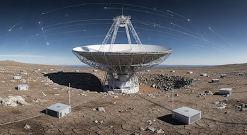 Gran radiotelescopio, múltiples sensores sísmicos, cables de conexión, suelo agrietado, rocas, cielo oscuro con estrellas y líneas de luz.