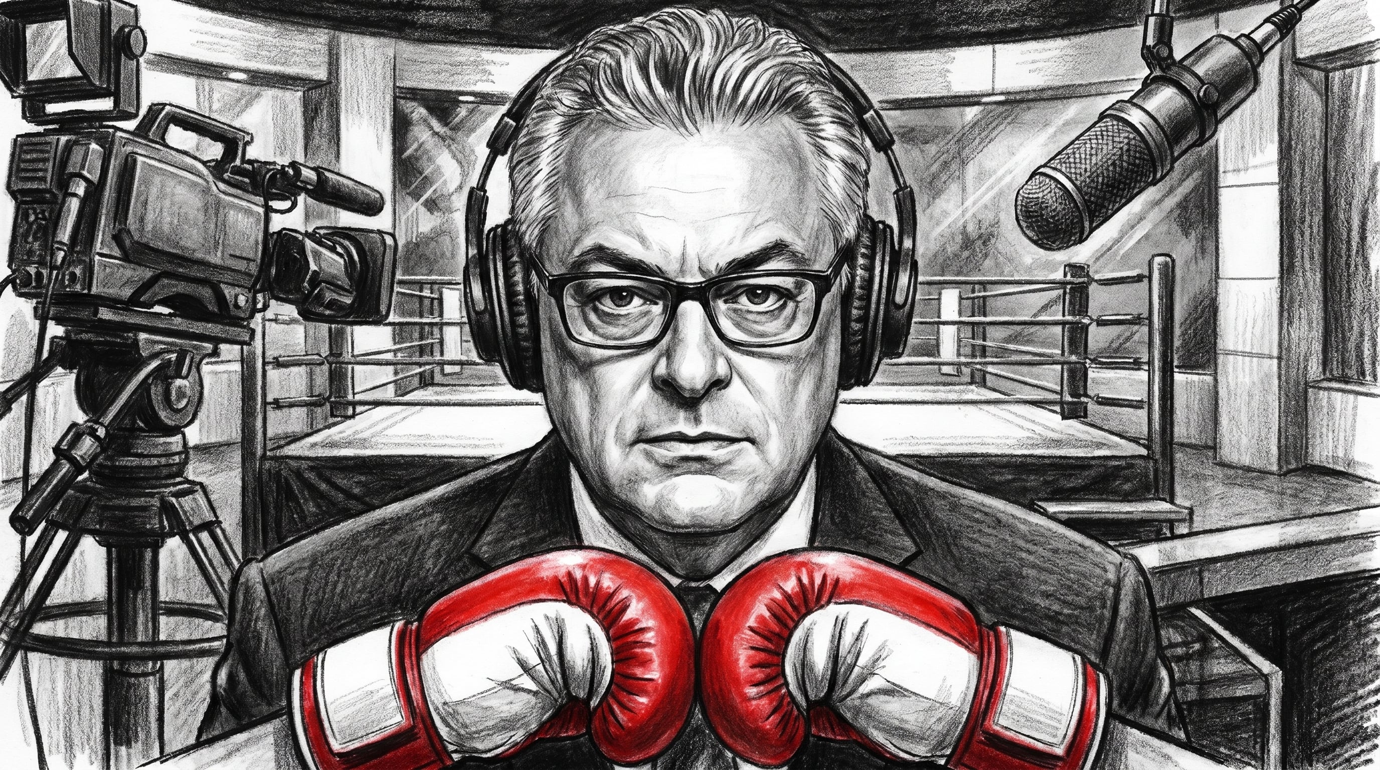 Una ilustración captura la esencia de Eduardo Lamazón, el reconocido comentarista de boxeo, con su figura en blanco y negro y guantes rojos, en un diseño que celebra su legado televisivo. (Imagen Ilustrativa Infobae)