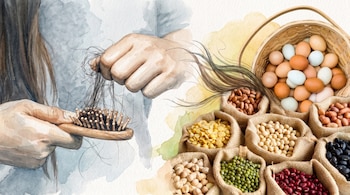 Ilustración de manos que sostienen un cepillo con cabello caído junto a una cesta de huevos y varios sacos de legumbres.