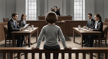 Un niño sentado de espaldas en un tribunal, observando a un juez. A ambos lados, dos hombres y dos mujeres se sientan en mesas de madera.
