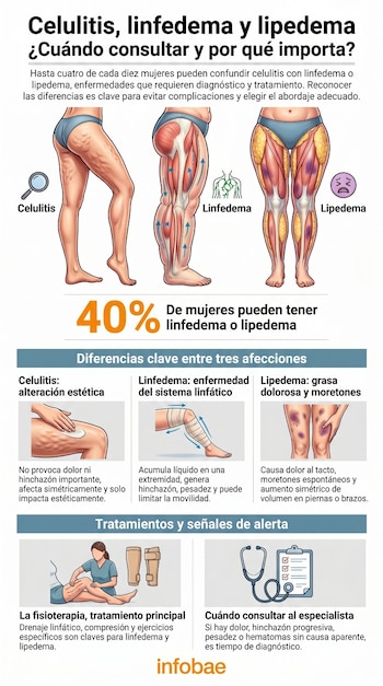Infografía sobre celulitis, linfedema y lipedema. Muestra tres ilustraciones de piernas femeninas, descripciones, el 40% de incidencia y un estetoscopio