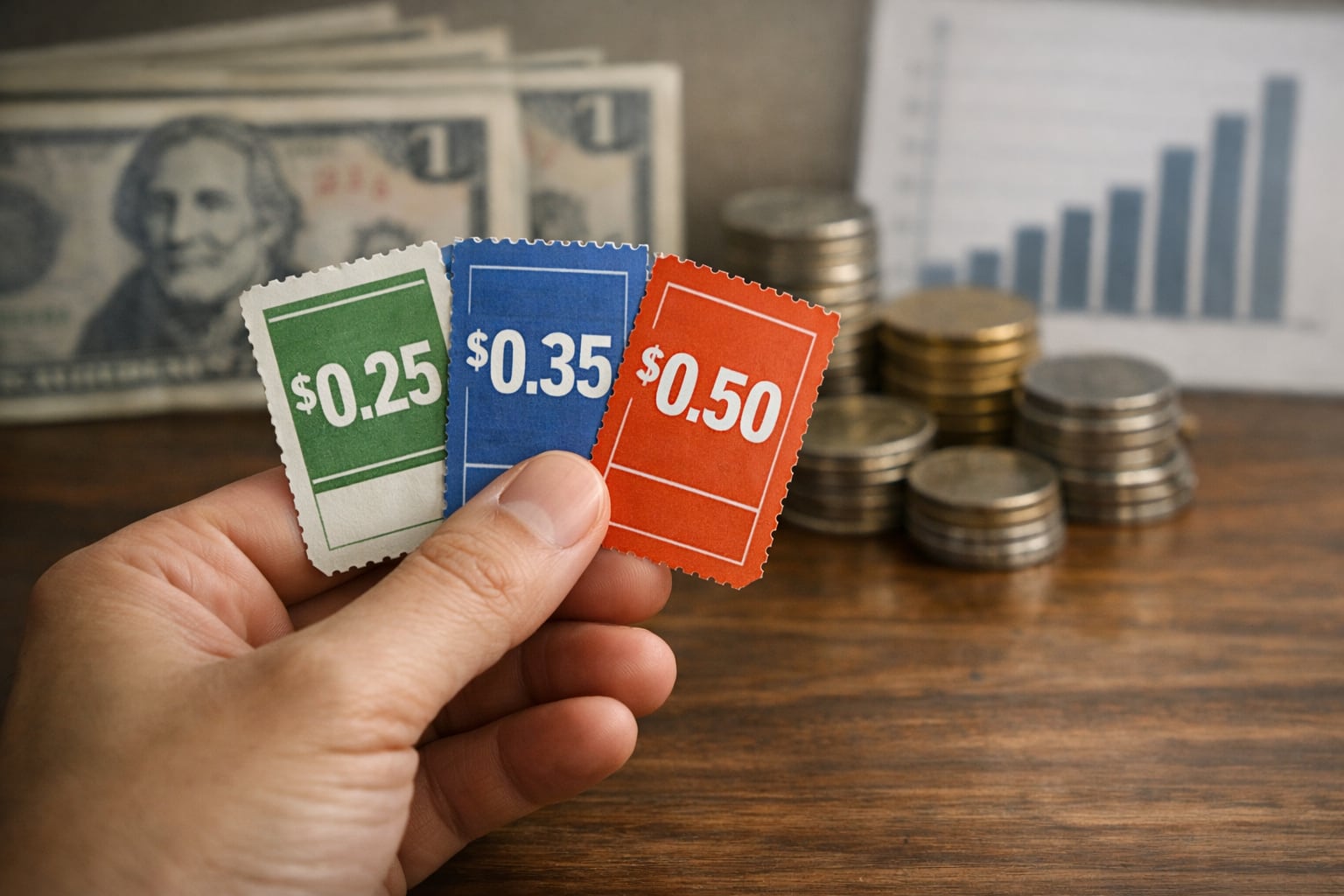 Una mano sostiene boletos de transporte público con precios de 0.25, 0.35 y 0.50 dólares, con billetes de dólar de El Salvador, monedas y un gráfico de barras ascendentes en el fondo desenfocado. (Imagen Ilustrativa Infobae)