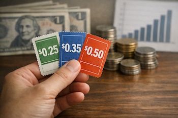 Mano sosteniendo tres boletos de transporte con precios de 0.25, 0.35 y 0.50. Al fondo desenfocado, billetes de dólar, monedas apiladas y un gráfico de barras.